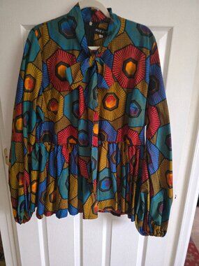 Mae Otti Bold Blue and Orange Cotton Blouse with Scarf Tie Size XXL NWT